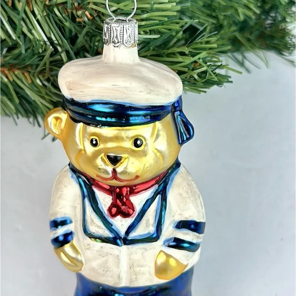 Navy Teddy Bear Glass Christmas Ornament made in Germany Hand Painted